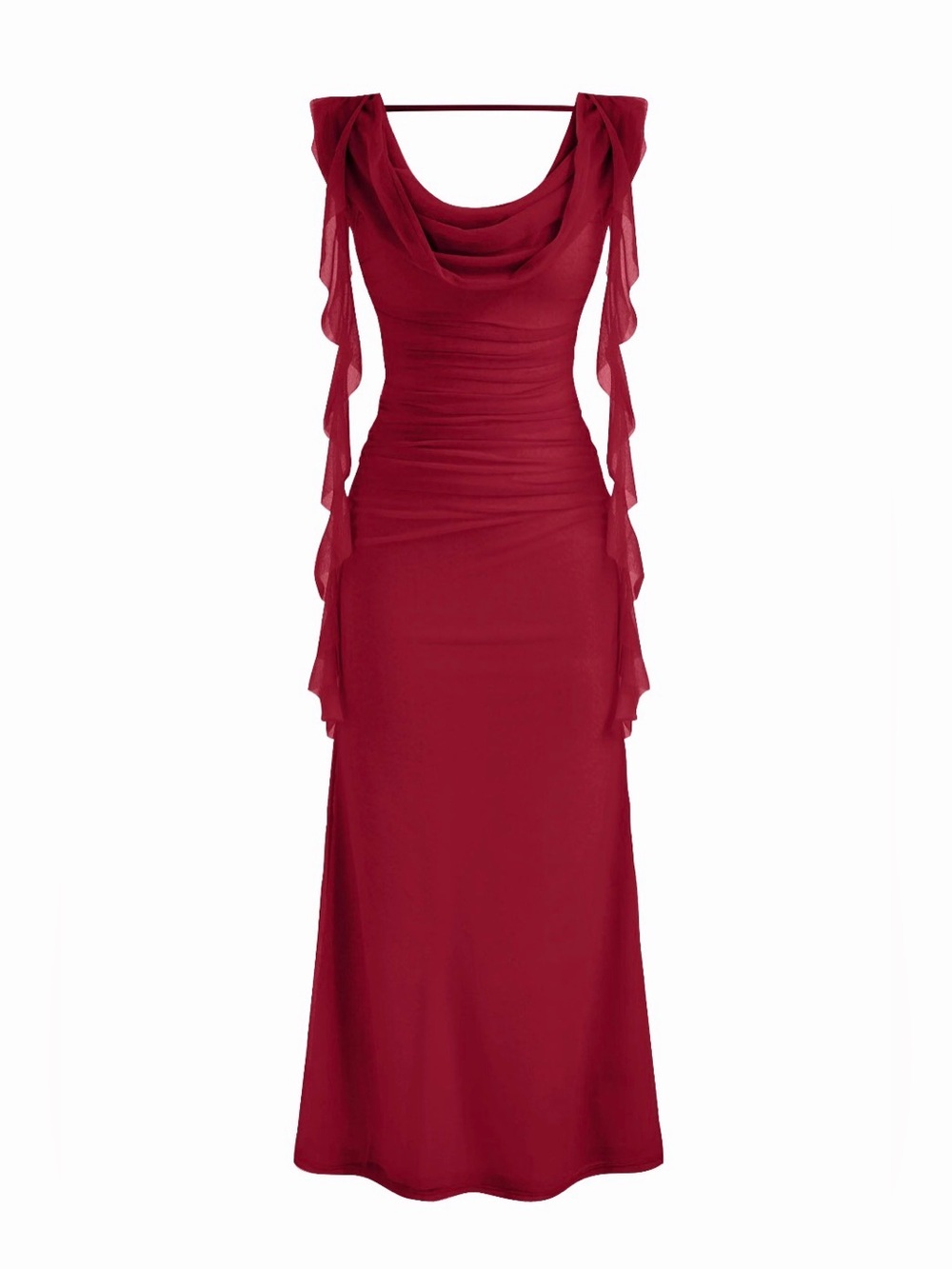 Cider Burgundy Cowl Neck Chiffon Ruffle Hem Maxi Dress